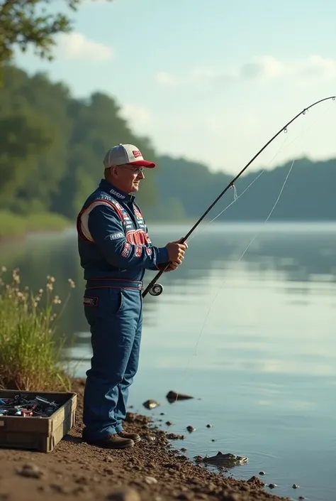 “Create an image of John Force wearing his iconic drag racing suit while fishing. Capture him standing by a peaceful lake or river, holding a fishing rod, with a relaxed expression as he waits for a catch. His racing suit contrasts with the calm, natural s...