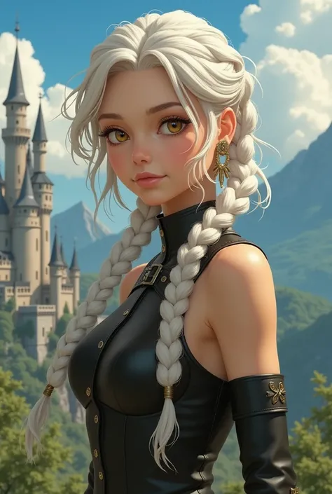 Beautiful studio Ghibli anime woman. She is fae. She has wavy white hair in braids and golden eyes. Shes wearing  tight leather riding gear and has long nails. She is in a fantasy world with castles and mountains.