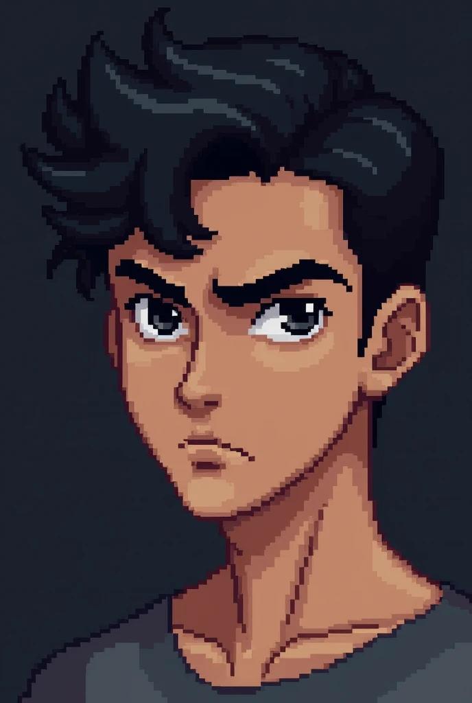 Pixel art of a young man with a serious expression, dark hair styled to the side. The style is 16-bit, with a slightly intense look, featuring thick eyebrows, sharp eyes, and a defined jawline. He should look youthful but determined. Use a dark color palet...