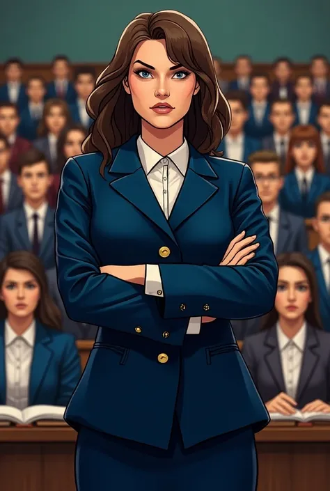 a female director in a blue uniform giving a speech to students in comic 2000 style to get noticed by her students and be terrifying