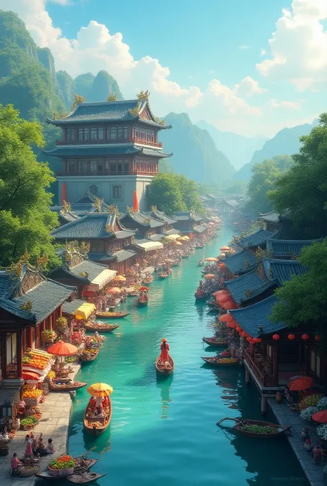  a market along a river 。 like an Asian floating market、 A simple palace overlooks 、Revolutionary 、 digital art、Delicate down to the smallest detail