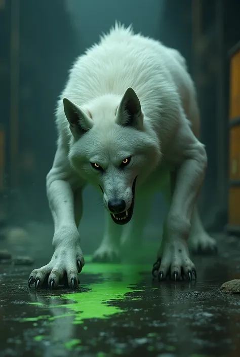 White werewolf touch biohazard liquid and broken biohazard drum 