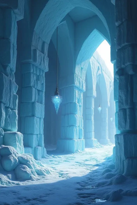 "An ancient, frost-covered hall within the ice fortress, where the walls are made of giant, shimmering blocks of ice, reflecting a soft, eerie glow from enchanted frost torches. The floor is a mixture of smooth, icy paths and glimmering frost-covered stone...