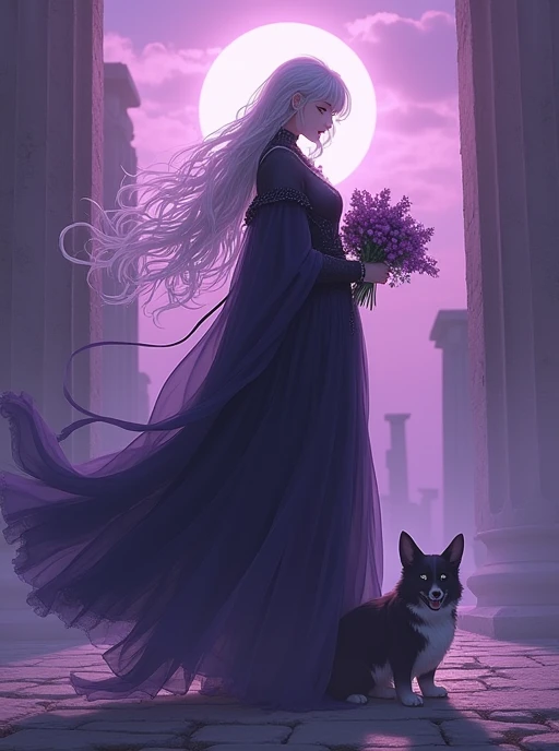   A long, silver-haired woman in western style and a 、 cute black cat and cute corgi dog in gothic western style、Anime style holding a bouquet of flowers in one hand on the wall、There is a purple background in front of an ancient site 

Masterpiece , Best ...