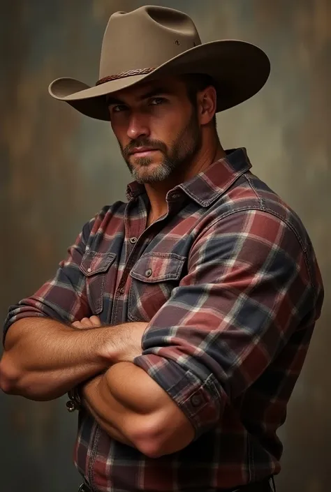 beautiful realistic image ,  masterpiece of a handsome man , masculine, similar to the Quentin Emery .  The expression would be to wear the clothes of a cowboy with a cowboy hat.  full body image.  strong man, muscular.  He is wearing a plaid shirt . Você ...