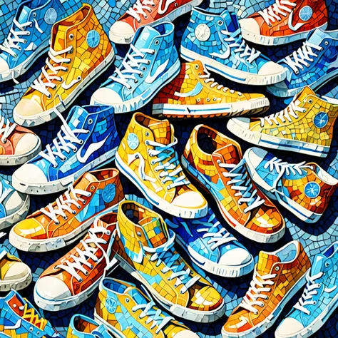 watercolor art, an engraving depicting many sneakers, in vibrant palette knife style, dark yellow and light blue, vibrant mosaic, bright colors, cheerful, svetlin velinov, konica big mini