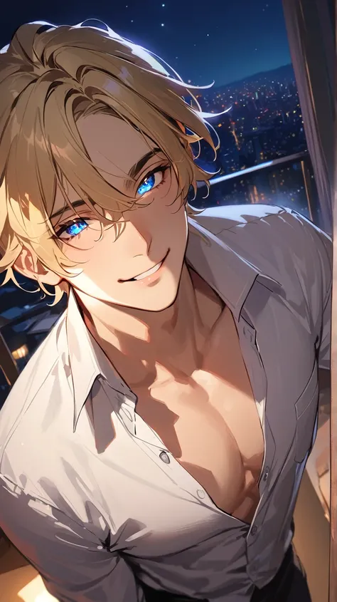 1man、30yo, blonde Hair、handsome、brawnily, blue Eyes、Sparkling Eyes、dress shirt, Take off his clothes、detailed eyes 、upper body,  smile,  high resolution , masterpiece , Backlight、France、Night view, hotel room, 座る、from above