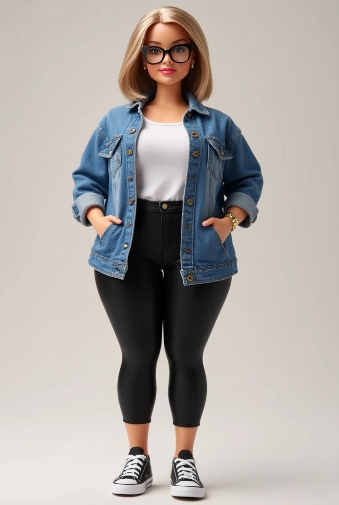 Chubby Barbie plus size 
fair skin, short light brown hair with blonde locks with clear-frame corrective lenses with black leggings, a denim shirt open on the outside and a white t-shirt underneath and some classic Adidas all-star sneakers in black
