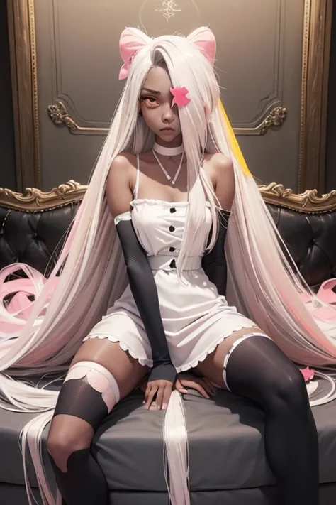 Vaggie, long white hair, eyepatch, small, skinny, sitting cross legged in bed, (grey/gray skin, white hair, pink sclera, yellow pupils, long hair), hotel maid outfit, full body visible, skinny arms, skinny legs, small breasts, sitting on the sofa