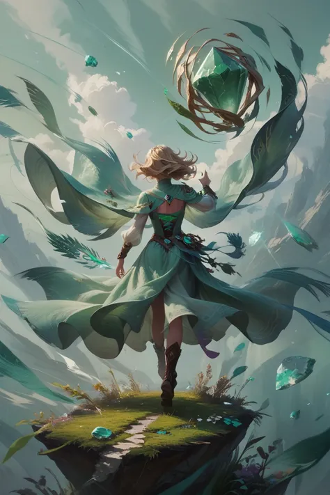 wide shot, green gemstone, fantasy, wind, concept art