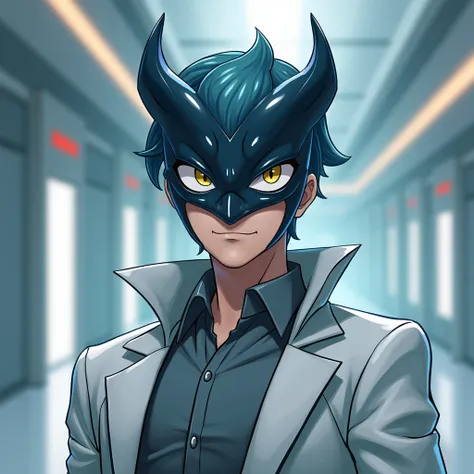 18 year old man, with white coat and gray shirt and Greninja Shiny mask