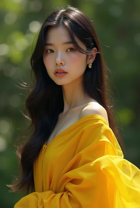 "A hyper-realistic portrait of a young woman with long, flowing dark hair, wearing a sheer, vibrant yellow fabric draped elegantly over one shoulder. Her expression is calm and focused, with a subtle beauty mark under her eye, and she stands outdoors with ...