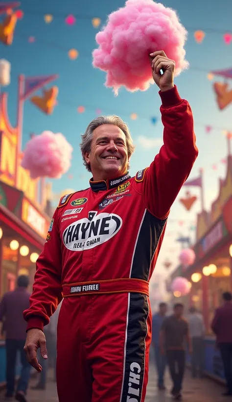 “Create an image of John Force dressed in his drag racing suit, standing at a bustling carnival. He’s holding a cotton candy or giant stuffed animal prize, with colorful carnival rides, lights, and game booths in the background. Capture his confident stanc...