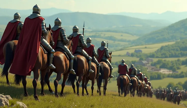  a realistic image in the Middle Ages ,  of a group of eight noble knights riding horses, on top of a hill, watching a group of Viking barbarians down the hill