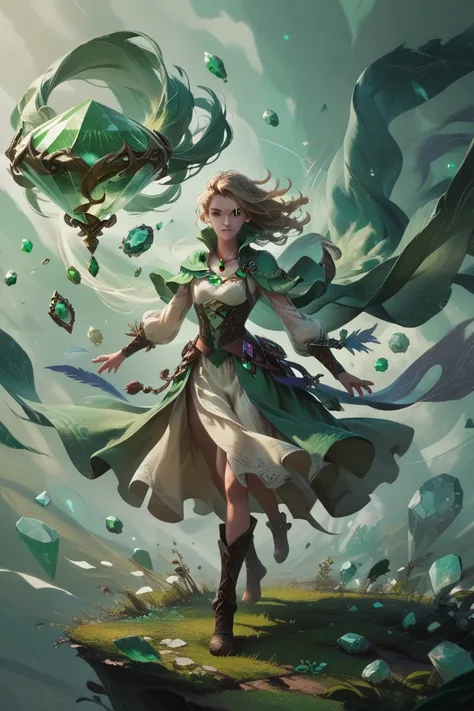 wide shot, (green gemstone:1.5), fantasy, wind, concept art