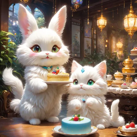 1 personified white rabbit，1 personalised cat ,Minuet,cute, fluffy fur ,masterpiece, rich colors,Best Quality, official art, Fantasy,colorful, Restaurant, happy ,Natural smile,最高にcute,happiness, Nice background ,Stylish house ,Sparkling,Beautiful light and...