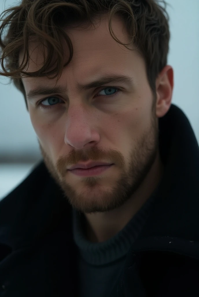 Close-up of a full-length Caucasian man in his early 30s with short, slightly tousled brown hair and tired, sunken blue eyes. He has a rugged appearance, light stubble and is wearing a dark, shabby coat. His expression is distant and somber, and his eyes l...