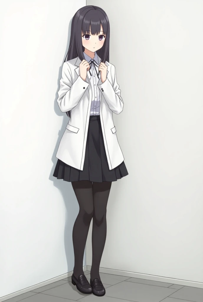 a woman in a white coat and black skirt standing next to a white wall, concept art inspired by Hisui Sugiura, pixiv, shin hanga, from girls frontline, girls frontline style, ((wearing aristocrat robe)), akane owari danganronpa, fine details. girls frontlin...