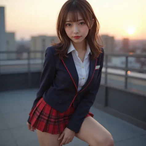  A beautiful detailed portrait of an attractive young Japanese woman in uniform on a rooftop at dusk,  cowboy shot , (focus on thighs),  long hair that flutters in the wind , ( super short red plaid pleated mini skirt ),  shiny lips and small smile , Big b...