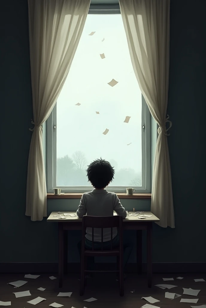  The character is sitting at the table , but now theres an open window .  A gentle wind moves the curtains and scatters some sheets of paper ,  maybe unread letters or forgotten notes .  The wind is a constant reminder of whats out of the characters contro...