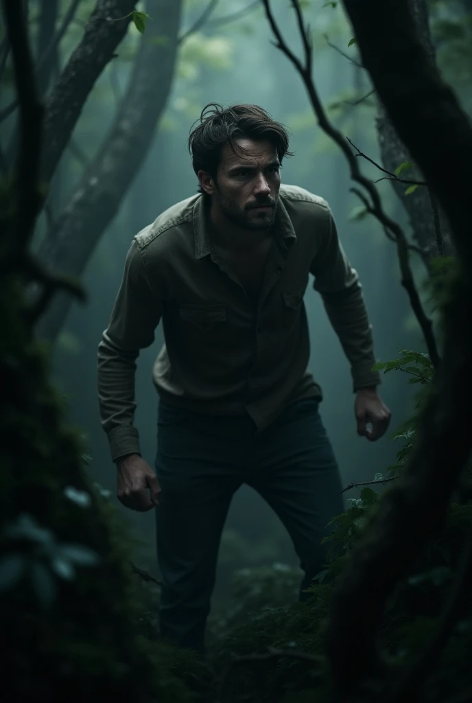 Man in a forest very scared and nervous looking back