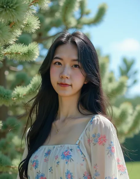 a young lady，Photo ，Photography texture，Portrait Photography，EOS 5D Mark IV， to the audience，Standing outdoors, long black hair ，Shes looking at the camera，No Expression， she captures moments of joy and relaxation in a loose, long-sleeved top ， with blue a...