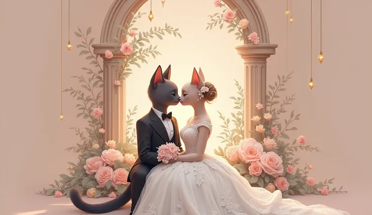 Beautiful bridal cat and Tom cat cuple wearing a beautiful bridal outfit unique hair style sit on the stage in romantic position 