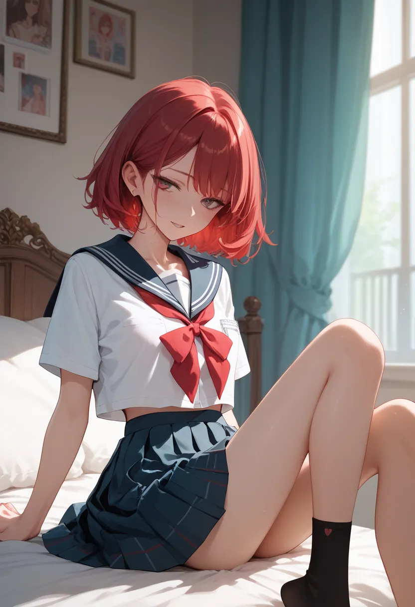 (masterpiece)   ,   red hair, sexy anime girl, sitting on the bed, school uniform, whore, the heat, teenager girl