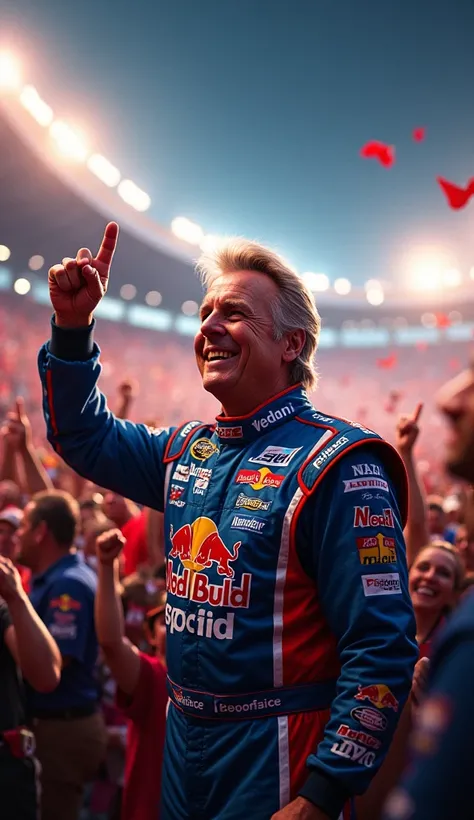 “Create an image of John Force in his racing suit at a packed football stadium, cheering with fans around him. He’s holding a foam finger or a team flag, blending his powerful energy with the excitement of the crowd. The stadium background features fans, s...