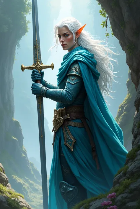 White-haired male elf armor cyan clothing. sword 