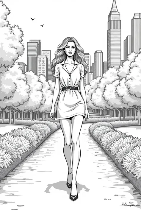 Picture for coloring book ,  black and white , Woman in short dress and heels.  The background of a park in New York