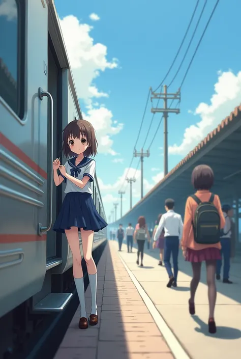 A 1 girl got down from the train compartment anime