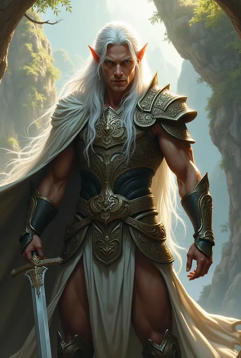 White-haired male elf armor orange clothing. sword 