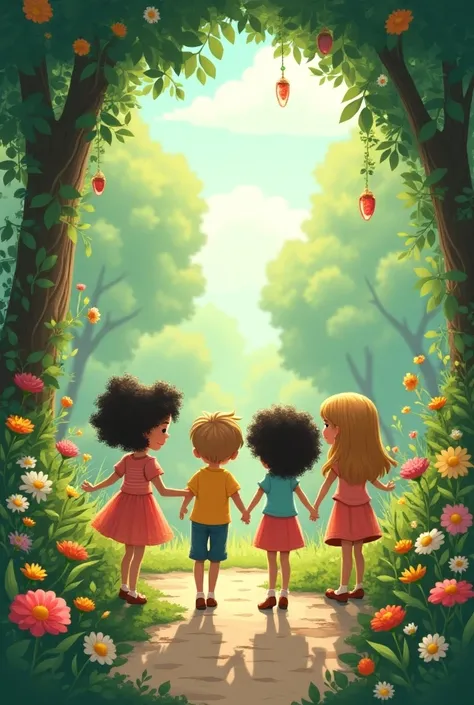 4 friends leaving a hidden and flowery garden full of peace in a cartoon