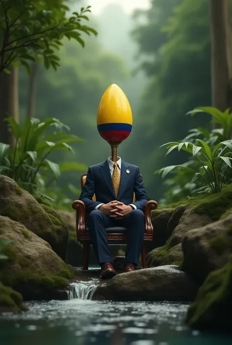 AN IMAGE OF A COLOMBIAN PRESIDENT NAMED JOSERREPELINCUCHARA WITH THE FACE OF A SPOON SURROUNDED BY TREES AND WATER FOUNTAINS AND WITH THE COLOMBIAN FLAG