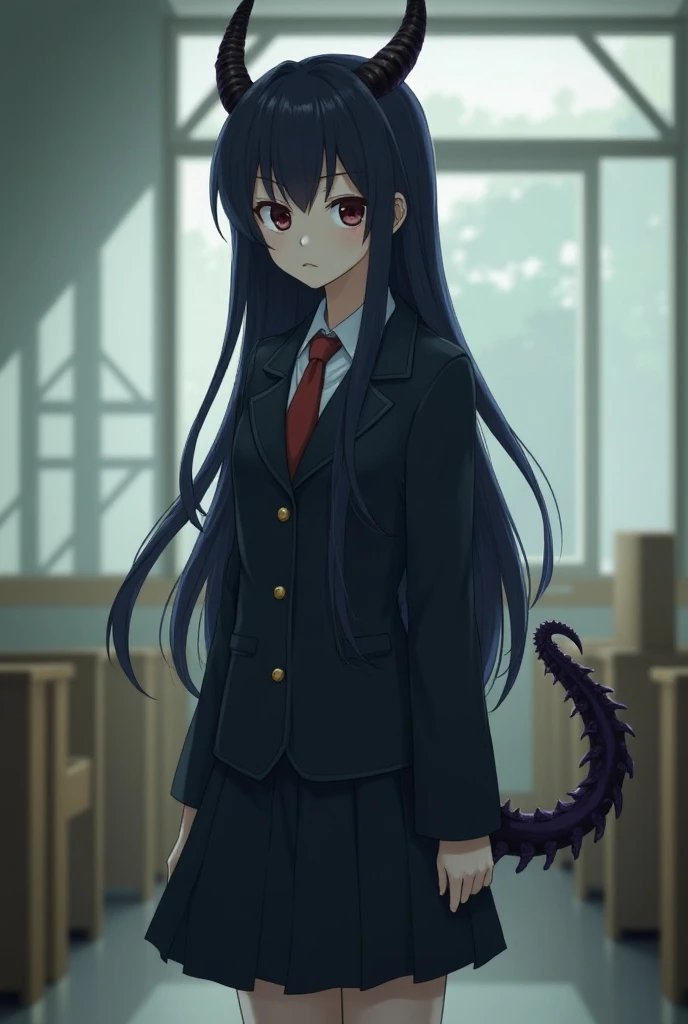 tall slender girl with good body ,piel Blanca,dark brown eyes,  knee-length hair color navy blue ,in Japanese school uniform, with two horns curved over her skull and dark purple dragons tail