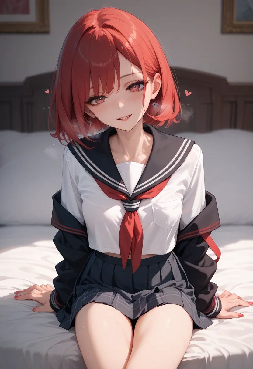 (masterpiece)   ,   red hair,  sexy anime girl, sitting on the bed, чёрная school uniform, whore, the heat, teenager girl, black...