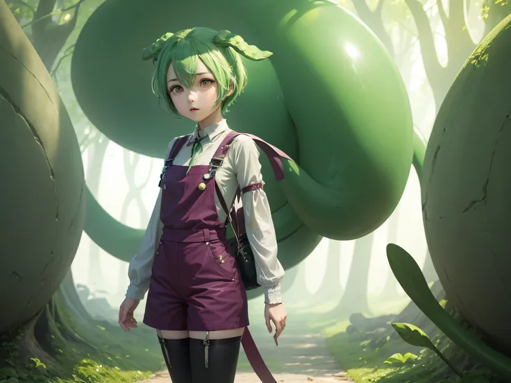 Terribly surprised 、 picture of a girl with green hair and green overalls, , shirabii, Short full body portrait!,  , Anime Moe Art Style, このすばのアクア,  Cute Characters , Hatsune Miku Short Hair, ,  Stylish Anime ,  anime style, Favorite character、