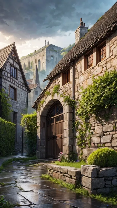 A 1500s Europe Village, stone wall around, classic house, a bounty board, gravel and stone road, after rain, wet road, dark atmosphere, thick mist