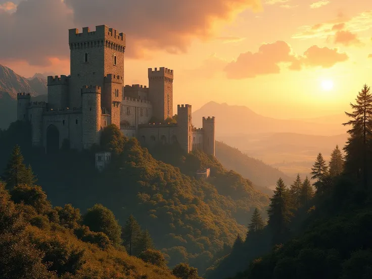 make a matte painting landscape with medieval structures with evening sky
