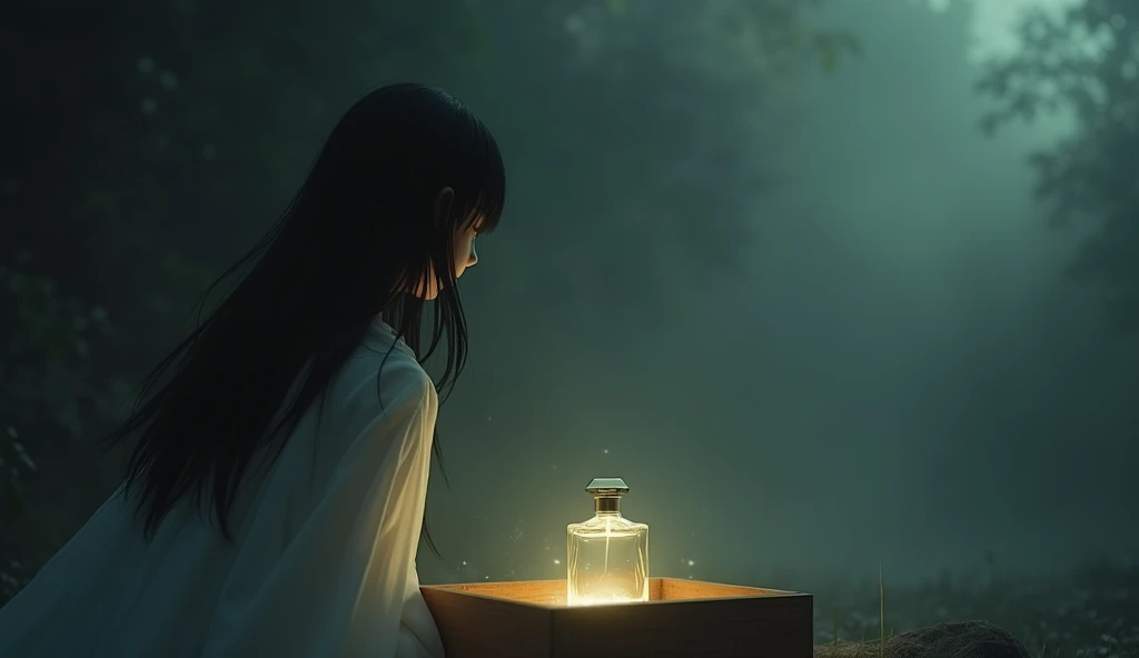 Space: Hazy, half dark, half bright, vast and quiet
Female character with long black hair wearing a white dress is fascinated by the glowing bottle of Morra perfume found in a wooden box
Emotion: The character begins to close his eyes, breathe deeply, sear...