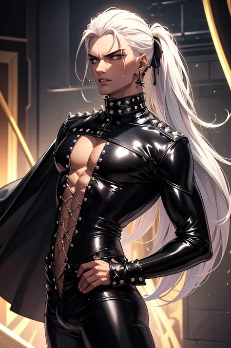 MALE, solo androgynous man, sharp delicate features, huge penis bulge in pants, thin waist, long flowy white hair, hair down, amber eyes, black glitter makeup, tongue piercing, several ear piercings, flat masculine chest, nipples, dressed in a long tight s...