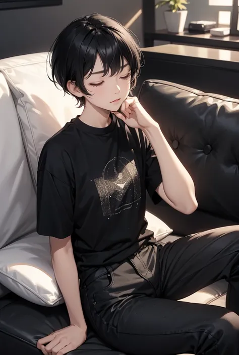 Black hair, short hair, 1littleboy, little , closed eyes, sitting on the couch, black t shirt, black pants, swept bangs, Black hair, short hair, 1littleboy, closed eyes, sitting on the couch, black t shirt, black pants, swept bangs, 