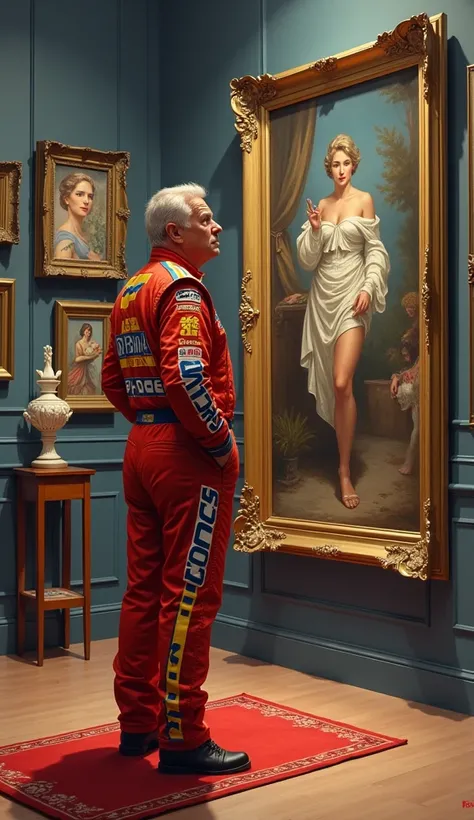 Create an image of John Force, in his racing suit, visiting an art museum. He’s standing thoughtfully in front of a painting or sculpture, with art pieces and frames on the walls around him. The sophisticated, quiet museum setting contrasts with his bold a...