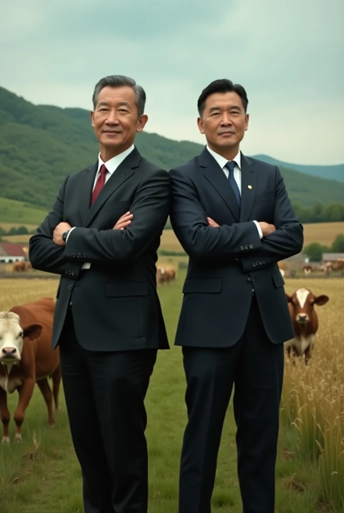 Let them be two men in suits and behind one of them is their country with many cows and behind the other is their country with many crops