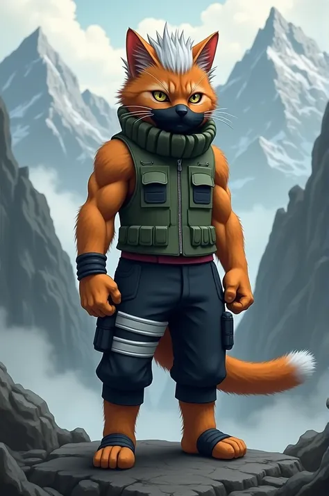 "An orange cat transformed to resemble Kakashi Hatake stands upright and muscular, exuding a bold and heroic presence. The cat has spiky fur resembling Kakashi’s silver hair, with one eye visible, while the other is partially covered by a small headband. I...