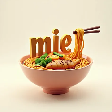 logo 3D, written "Mie Pontianak", Illustrated chicken noodles with vegetables and minced chicken, UltraHD,  looks professional