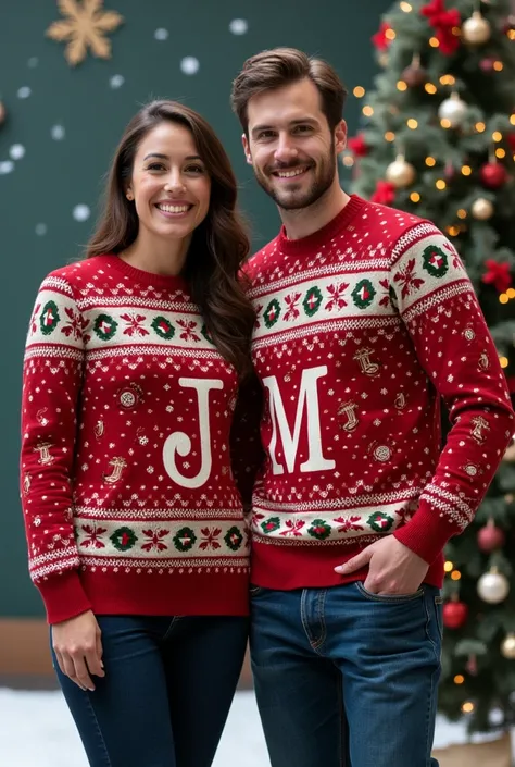 Medium-sized Christmas logos with merry Christmas on the left side for a couples sweater with the initials J and M 