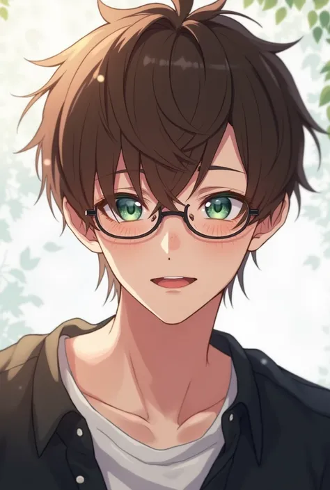 Very attractive anime boy wearing a black shirt and a white t-shirt underneath ,  with short, messy brown hair and green eyes wearing glasses too blushing while talking  