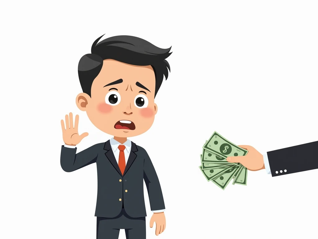 Selling a young Thai man, solo, wearing a suit, a tie, a tie, a work suit, raising his hand, waving his hand, refusing, delivered to the viewer, face, irritated, seriously stressed. The viewer is handing a lot of money to a white background cartoon animati...